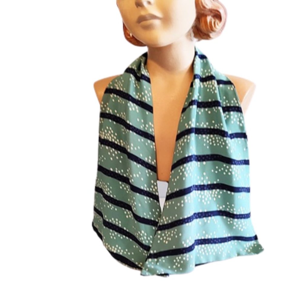 1930s True Vintage Aqua Green And Blue Striped Rayon Deco Ascot Long Scarf - Picture 7 of 9